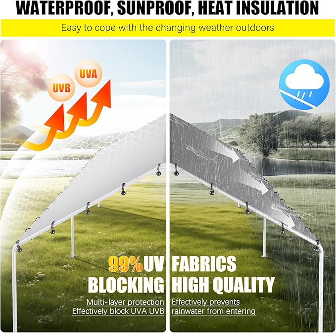 DWALE 10 x 20 Ft Carport,Replacement Canopy Cover Garage Top Tent Shelter Tarp,Grey with 48 Ball Bungee Cords Waterproof & UV Protected (Only Tarp Cover, Frame Not Include)