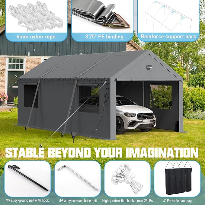 Carports Canopy 12x20 Heavy Duty, Portable Car Port Garage with Roll Up Drive Through Doors, Grey