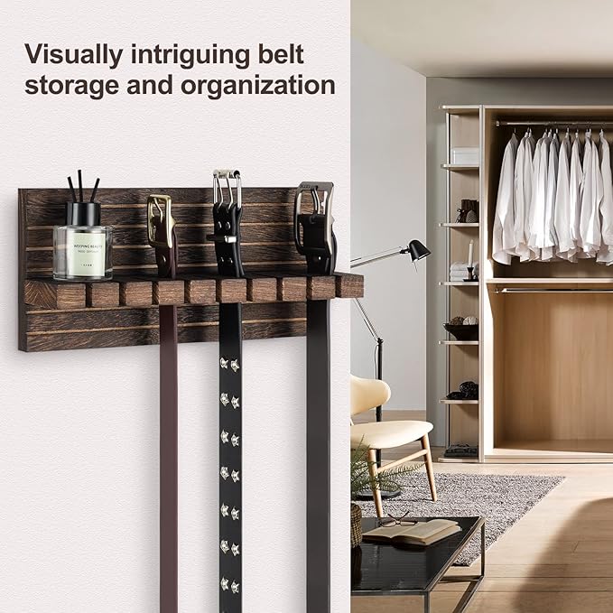Belt Organizer for Closet, Belt Hanger Wall Mounts to Hold 9 Belts Without Slipping, Space Saving Belt Rack for Closet Organization Includes Mounting Hardware (11.8” x 5.5” x 2.5”) (Brown)