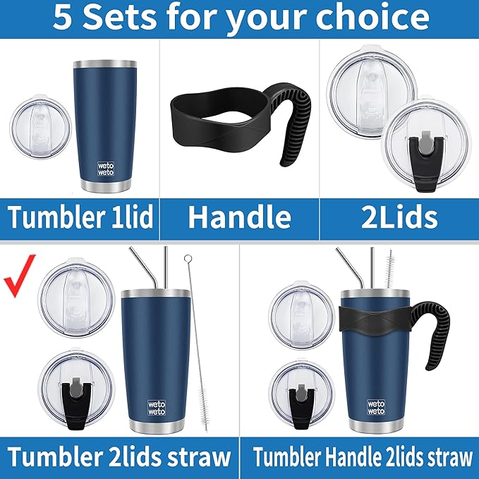 WETOWETO 20oz Tumbler with 2 lids and 2 straws, Stainless Steel Vacuum Insulated Water Coffee Tumbler Cup, Double Wall Powder Coated Spill-Proof Travel Mug Thermal Cup (Stainless, 1 Pack)