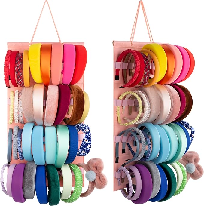 Hanging Headband Holder for Girls, Felt Headband Organizer with 40 Slots (Pink)