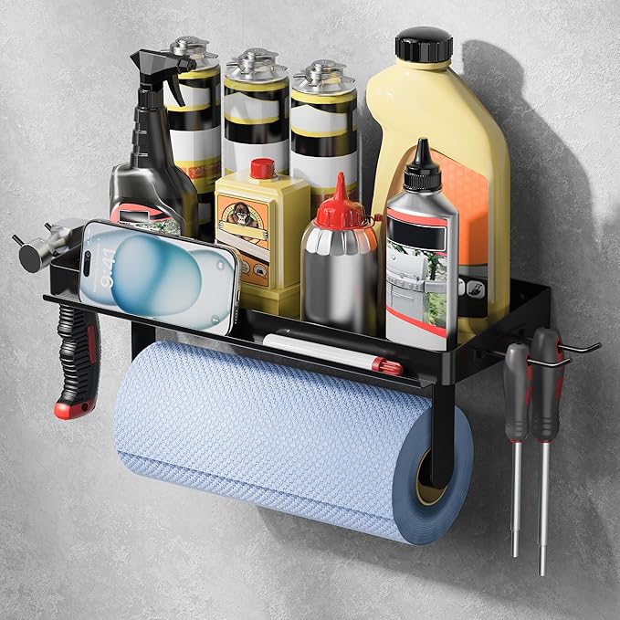 ZUNTO Paper Towel Holder with Shelf for Garage, Wall Mount and Drilling, Black Paper Towel Rack with Pen Stand and Hanging Hooks, Stainless Steel, Garage or Kitchen Organization and Storage