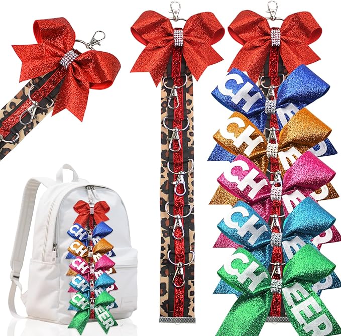 Red Cheer Bow Keychain Holder for Backpack – Leopard Print Glitter Bow Hanging Chain with Hooks – Cheer Bow Organizer Strap Cheer Gifts Bow Holder Teen s Cheerleading Team Sports Gift