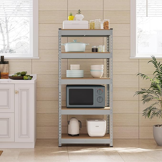 Topeakmart 5-Tier Utility Shelves, Metal Storage Shelves, Adjustable Shelving Units, Boltless Assembly, Garage Shelves Shed Shelving for Warehouse Garage Shed Basement- Light Gray, 27.5 x 12x 60 Inch