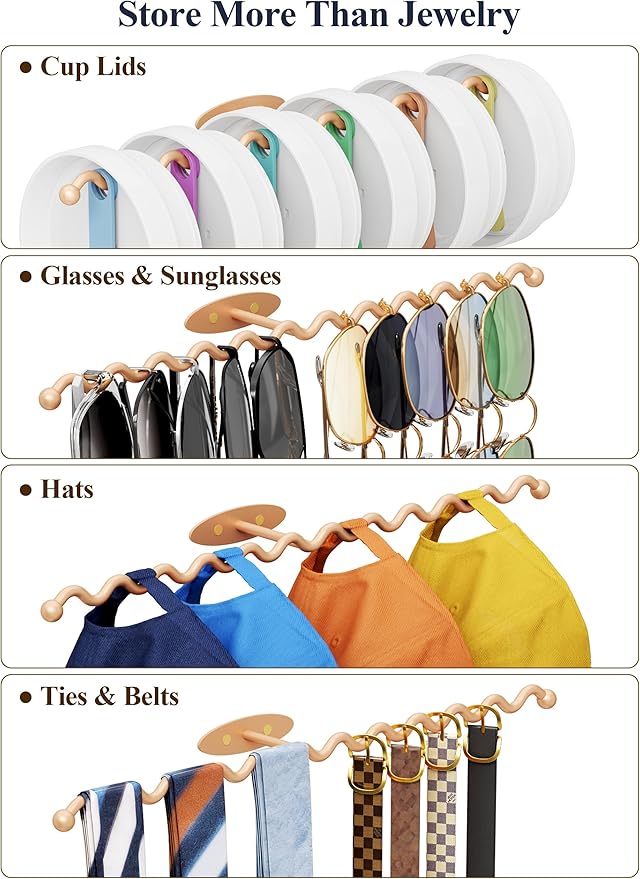 NiHome Wall Mounted Metal Jewelry Organizer Racks for Necklaces, Earrings, Bracelets, Rings, Decorative Display Wave Design Storage Holders for Bedroom, Bathroom, Kitchen, Entryway (4-Pack, Gold)