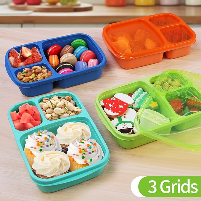 8 Pack Bento Lunch Box Set 3 Compartment Wheat Straw Meal Prep Food Storage Containers Plastic, Microwave and Dishwasher Safe （Jewel Brights）