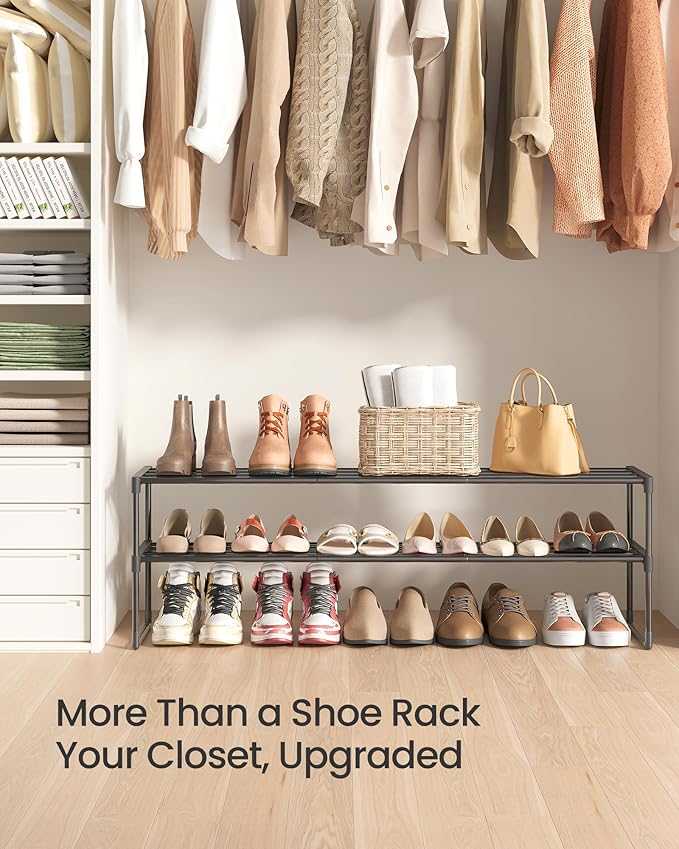 SONGMICS Shoe Rack, 2-Tier Shoe Organizer, Metal Storage Shelf, Upright or Upside Down, for 15-18 Pairs, Stackable, for Entryway, 11.8 x 46.1 x 13.4 Inches, Black ULSA032B01