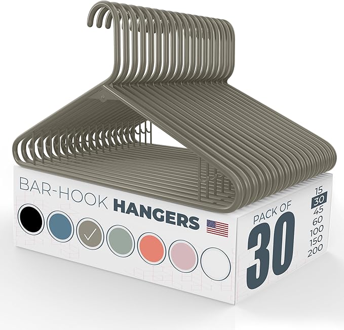 Neaties Plastic Hangers 30 Pack – Made in The USA – 6lb Capacity Standard Clothes Hangers with Strap Hooks for Dresses, Lingerie, Shirts, Pants, and Jackets – Gray