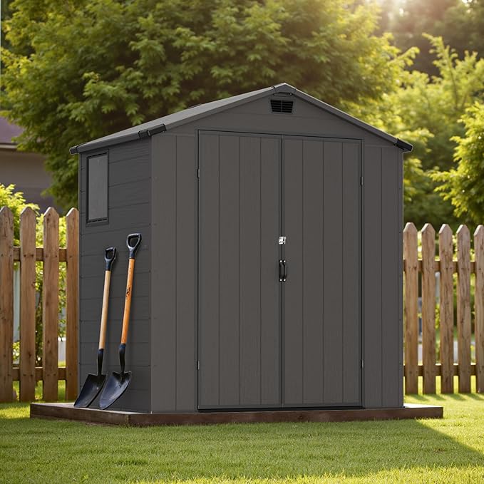 Greesum 6x4FT Plastic Outdoor Storage Shed with Floor, Resin Sheds with Lockable Double Door, Tool Sheds with Window and Vents, for Garden, Backyard, Patio, Dark Gray