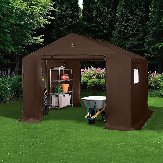 Best Choice Products 10x8ft Outdoor Storage Shed, Carport, Canopy Shelter, Dual Doors & Windows, Metal Frame, Weather-Resistant, Perfect for Storing Motorcycle, Bike, Garden Tools – Brown