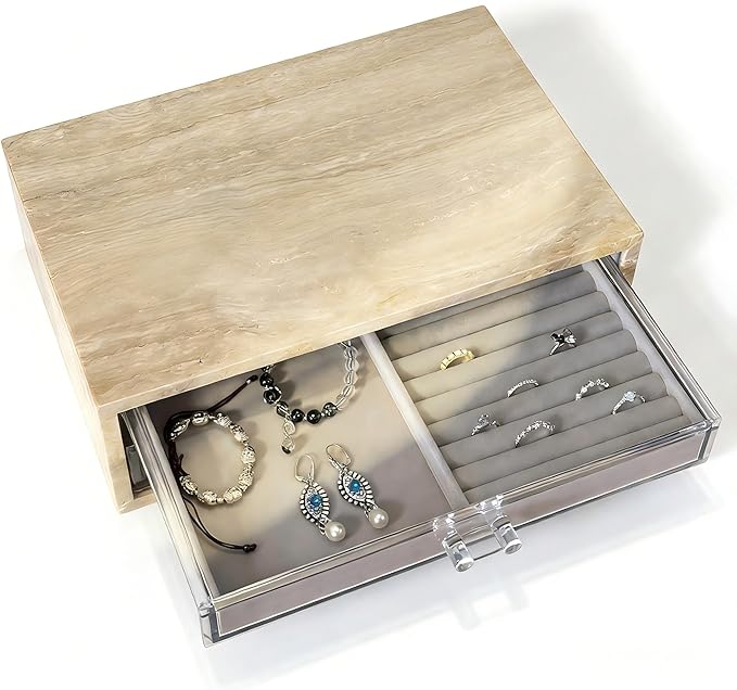 Natural Travertine Jewelry Box with 2 or 3 Drawer Organizers, Velvet Lined Storage for Rings and Necklaces (Large-2)