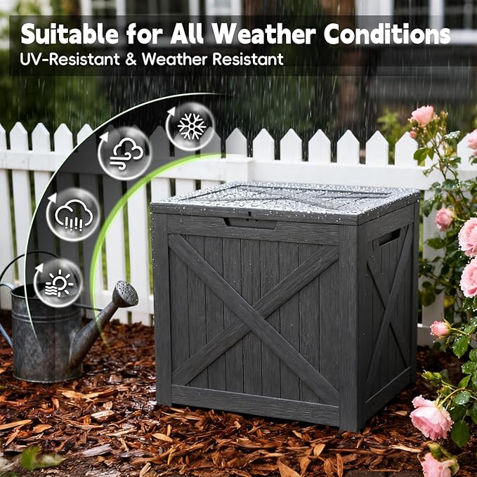 Outdoor Storage Box, Deck Box Waterproof 35 Gallon, Resin Outside Storage, Storage Bin for Package Delivery, Patio Furniture Cushion, Pool Accessories, Weatherproof and UV Resistant, Black, Barn Style