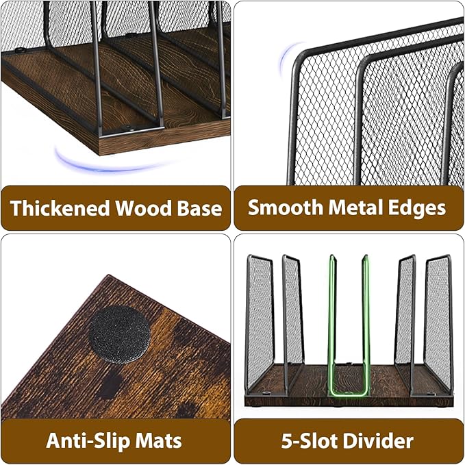 Desk File Organizer, 5-Section Upright File Sorter, Vertical File Folder Holder, Mesh Metal Wood Office Desktop Organization for Document, Magazine, Books and more (Wood and Black)