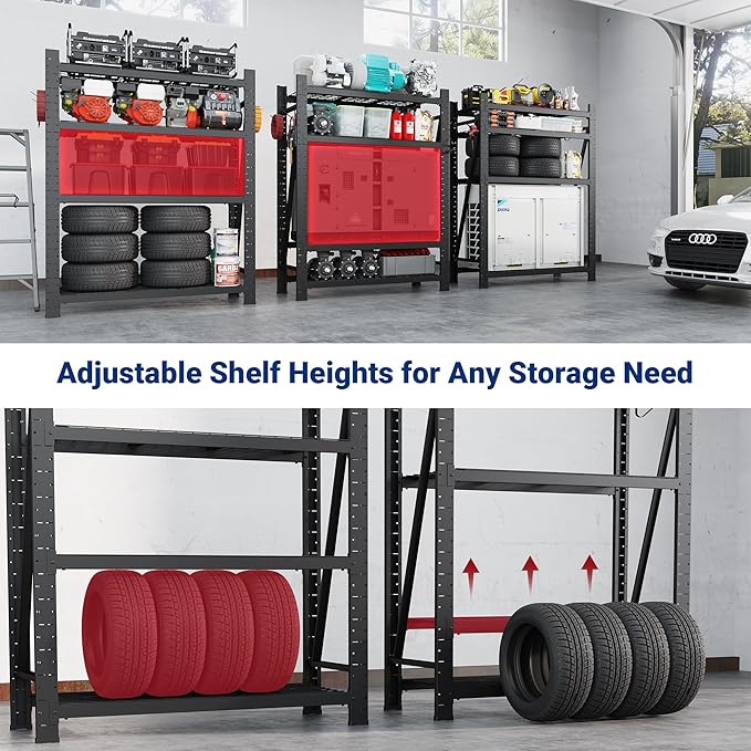 FLEXIMOUNTS Garage Shelving Heavy Duty, 49.6" W 4-Tier 10000LBS Industrial Shelving Unit with 4 Hooks, Adjustable Storage Shelves for Garage, Basement, Warehouse, 71" H x 49.6" W x 23.6" D