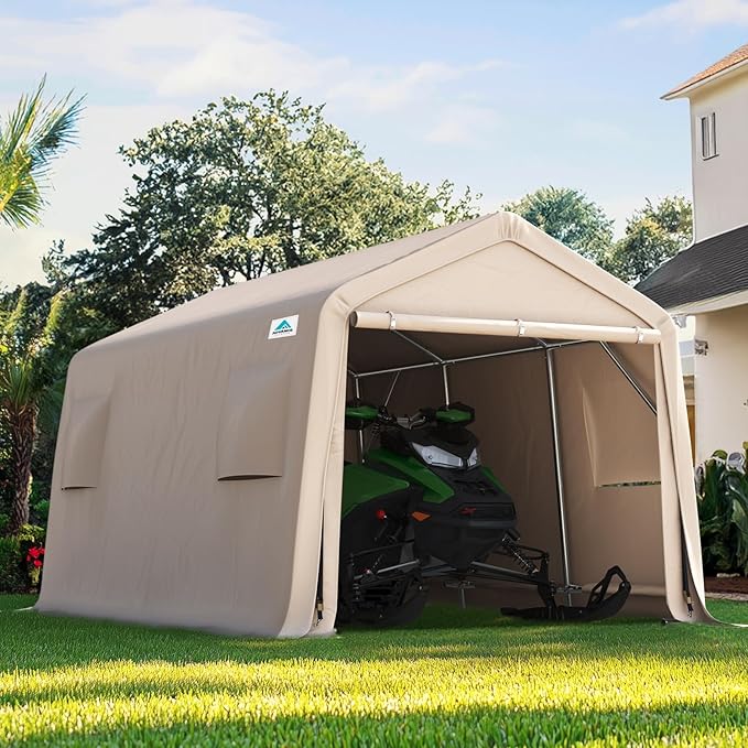 ADVANCE OUTDOOR 10x15 ft Shelter Storage Shed Steel Metal Peak Roof Portable Garage Carports for Motorcycle, Boat or Garden Tools with 2 Roll up Doors & Vents, Beige