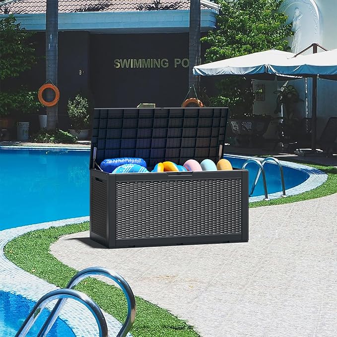 110 Gallon Outdoor Storage Box, Resin Deck Boxes Outdoor Waterproof For Patio Furniture, Garden Tools, Pool Supplies, Lockable And UV Resistant (Rattan Black)