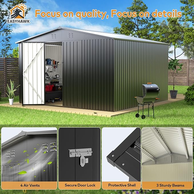 10 x 10 FT Outdoor Storage Shed, Metal Waterproof Storage Shed Steel Utility Garden Tool Shed with Door & Lock Outdoor Storage for Garden Patio Lawn Poolside Black