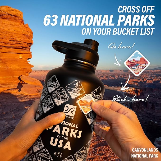 National Parks Water Bottle – 64 oz Insulated Stainless Steel Bottle with 63 Hand-Drawn Park Stickers, Carrier Bag, Strap & Gift Box – BPA-Free – Ideal for Hiking, Camping & Travel