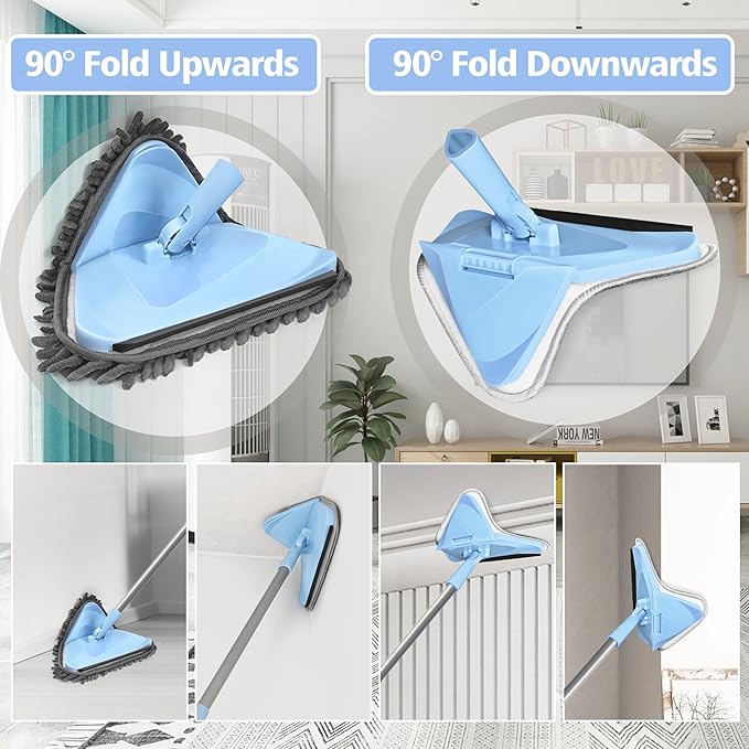 NEWE Wall Mop Cleaner with 80 Inches Long Handle, 180° Folding Ceiling Cleaning Tool with Squeegee (Chambray Blue)