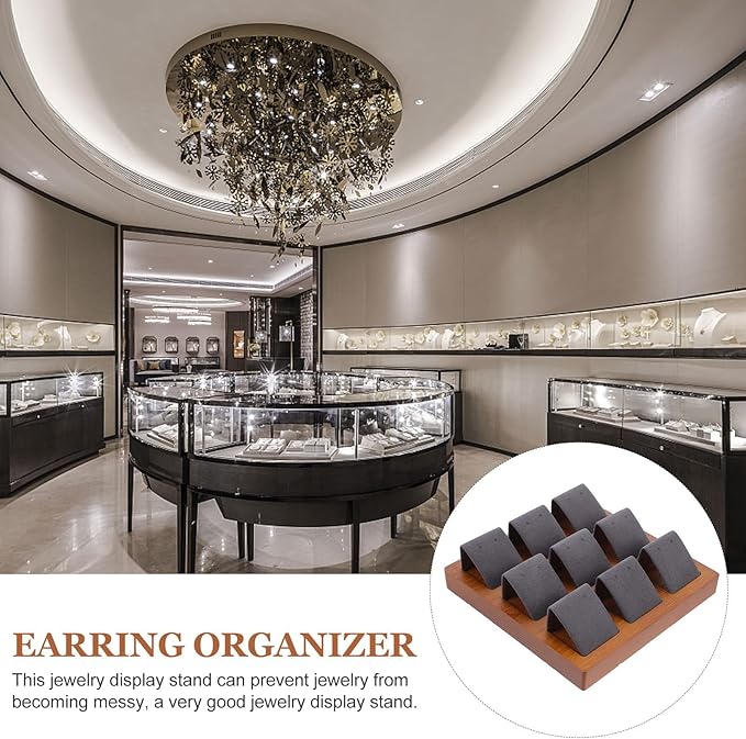 Cabilock Wooden Jewelry Display Stand Earring Organizer Rack with Velvet Leather 9-slot Holder Jewelry Storage Shelf for Women Desktop Accessory Organizer