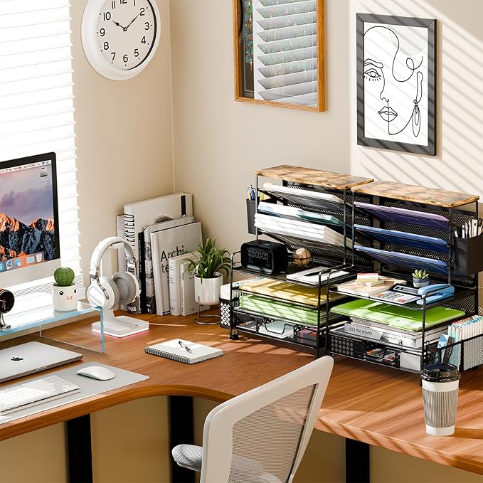 8 Tier Desk File Organizer with Sliding Drawer, Desktop Organizers and Accessories, Letter Size File Organizer for Desk, Black