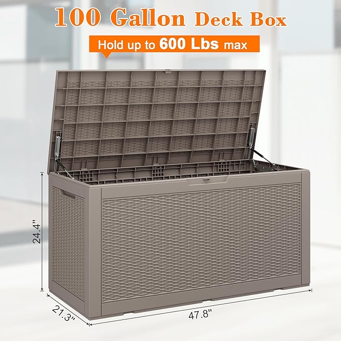 KAMABOKO 101 Gallon Waterproof Large Resin Deck Box, Lockable Large Outdoor Storage Boxes Indoor Outdoor Storage Container for Patio Cushions, Gardening Tools, Pool Supplies, Grey
