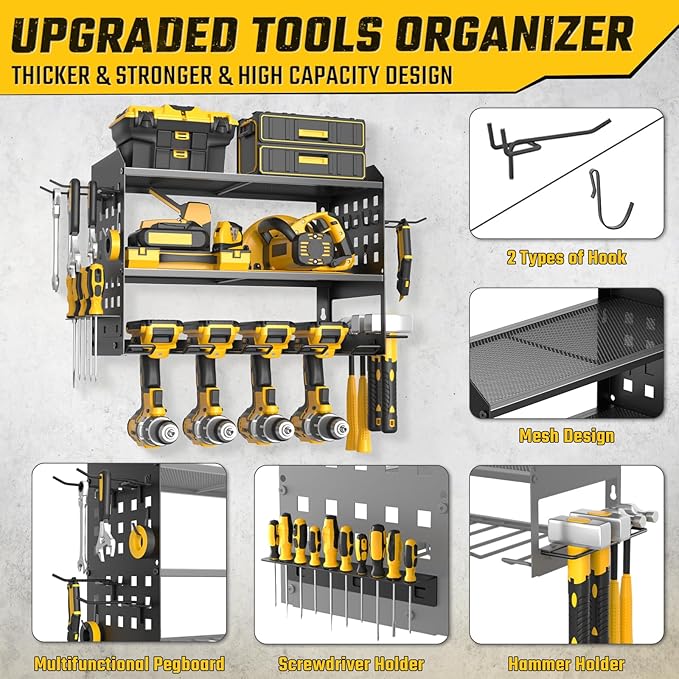 Power Tool Organizer, Heavy Duty Wall Mount Tool Organizer 3 Layers with 4 Drill Holders, Garage Tools Storage Rack with 2 Side Pegboards and Hooks for Workshop, Shed, Black
