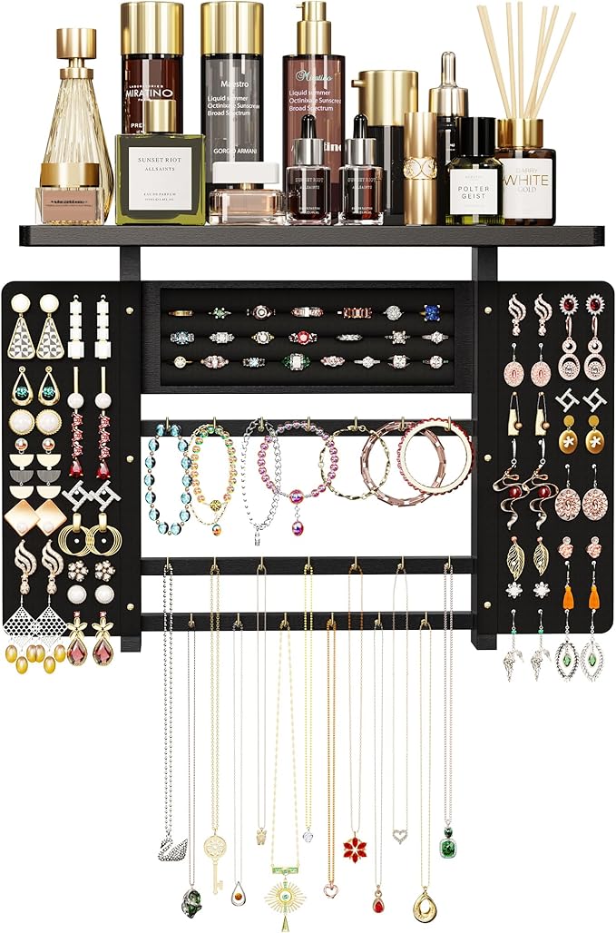 Emfogo Jewelry Organizer Hanging Wall Mounted Jewelry Holder, 5-in-1 Large Capacity Necklace Organizer Wall Display for Ring, Necklaces, Bracelets, Earrings(Black)