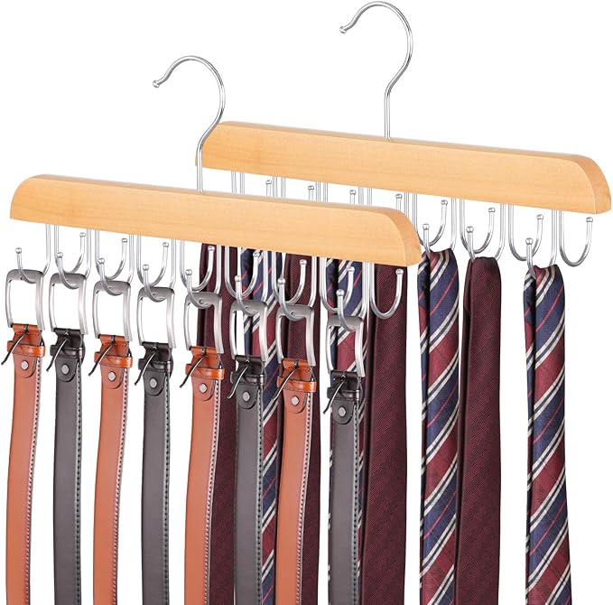 ELONG HOME Belt Hanger for Closet, 2 Pack Closet Organizers and Storage Belt Rack Max 48 Belts, Multifunction Wooden Hanger Tie Rack