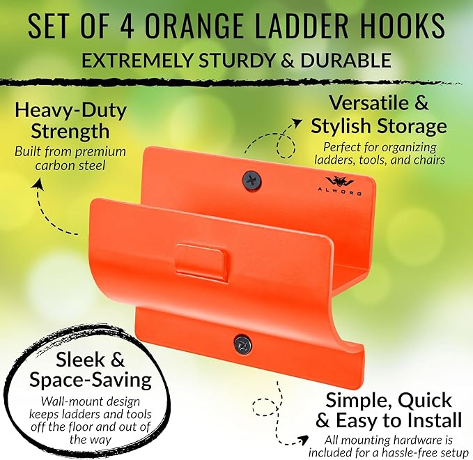 Ladder Holders - Set of 4 Garage Hooks - Orange Wall Mount Heavy Duty Ladder Hangers and Brackets