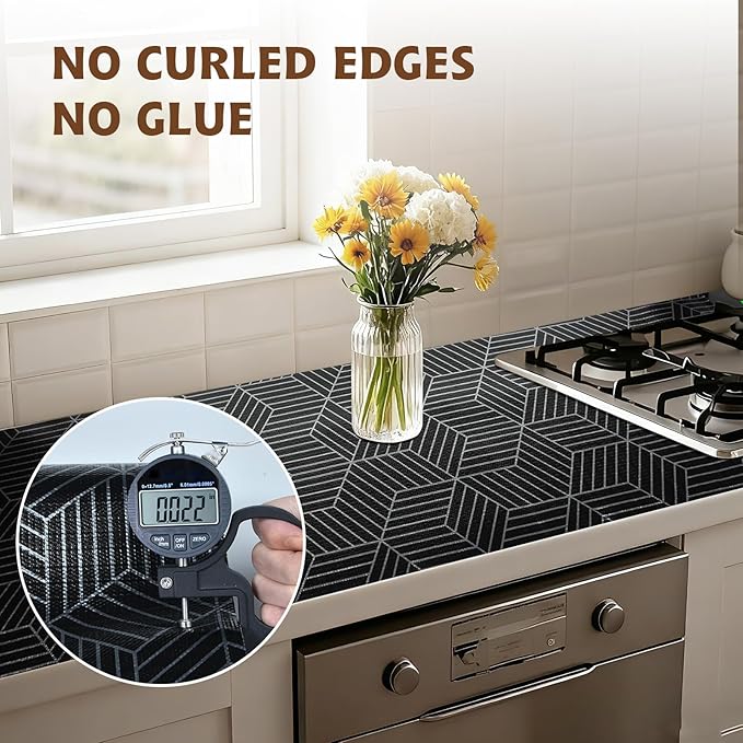 Shelf Liners for Kitchen Cabinets 12in x 20FT, Non Adhesive Cabinet Liner Strong Non-Slip Black and Silver Geometric Drawer Liner, Easy to Clean for Shelf, Cabinet with Knife and Tape Measure