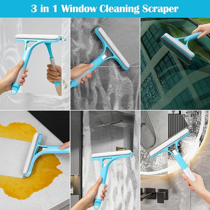 XANGNIER Window Cleaner Tool Kit,2025 3 in 1 Window Cleaning Scraper with Spray,Thickened Magic Cleaning Cloth,Window Scrubber Cleaning Squeegee for Glass,Mirror,Shower Doors,Car Windshields(Blue)
