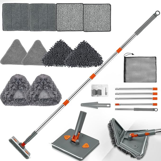 Wall & Base Board Cleaner Tool with 360°Rotating Mop Head, 180°Folding Design for Effortless Baseboards/Ceilings/Wall Cleaning - Adjustable Long Handle Multi-Surface Scrubber & Duster