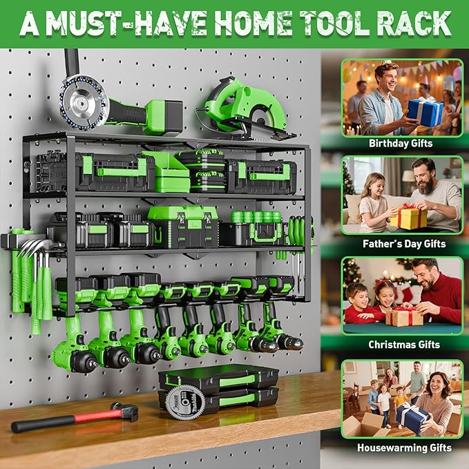 Power Tool Organizer Wall Mount, 4 Layers Tool Storage Rack with 8 Cordless Drill Holders, Power Tool Shelf Loads 400lbs for Garage, Warehouse, Workshop, Gifts for Men, Husband