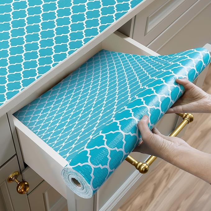 Shelf and Drawer Liner for Kitchen Cabinets Non-Adhesive, Strong Grip Non-Slip Thickened Cabinet Liners for Shelves, Waterproof Mats for Dresser Cupboard, Green/White, 12 in x 30 Feet