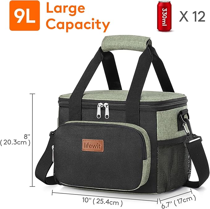 Lifewit Medium Lunch Bag Insulated Lunch Box Soft Cooler Cooling Tote for Adult Men Women, Black and Green 12-Can (9L)