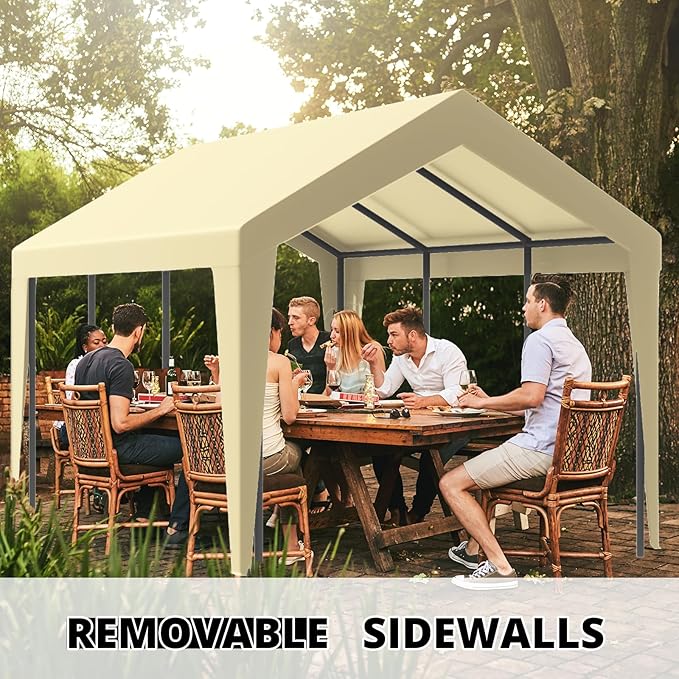 10x20 Carport, Heavy Duty Carports with Removable Sidewalls, Waterproof and UV-Resistant, Portable Outdoor Garage Shelter for Cars, Vehicles, and Boats (Beige)
