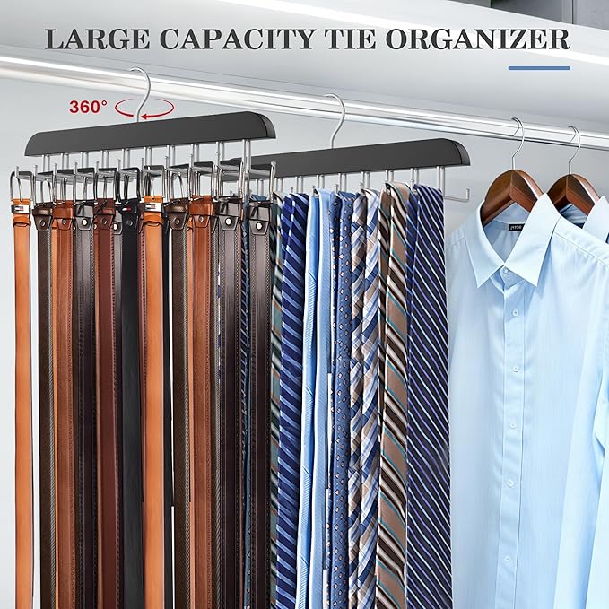 Tie Rack Hanger for Closet 20 Foldable Hooks, 1 Pack Wooden Non Slip Large Capacity Space Saving Tie and Belt Organizer with 360°Rotating Hooks for Tank Tops Bras Scarves Hat