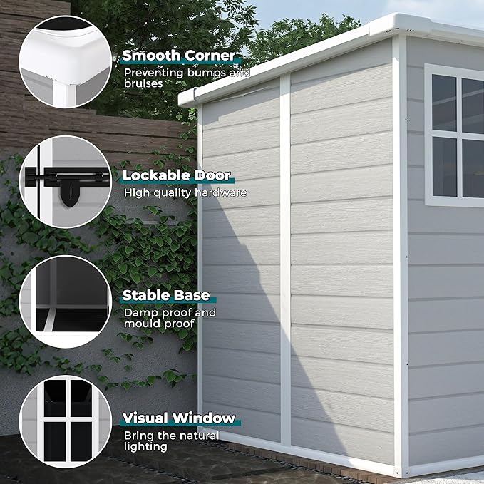 6x6 FT Storage Shed Garden House with Lockable Doors and Vents Waterproof Resin Outdoor Tool Cabinet W/Floor & Window,for Bicycles,Lawnmowers,Lawn,All Weather Use,Gray