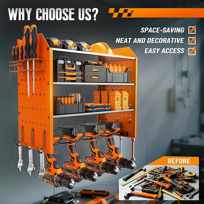 Garage Tool Organizer with 4 Tier,Drill Holder Wall Mount,Heavy Duty Rack with Hooks for Tool Organizers and Storage,Home Gifts Orange