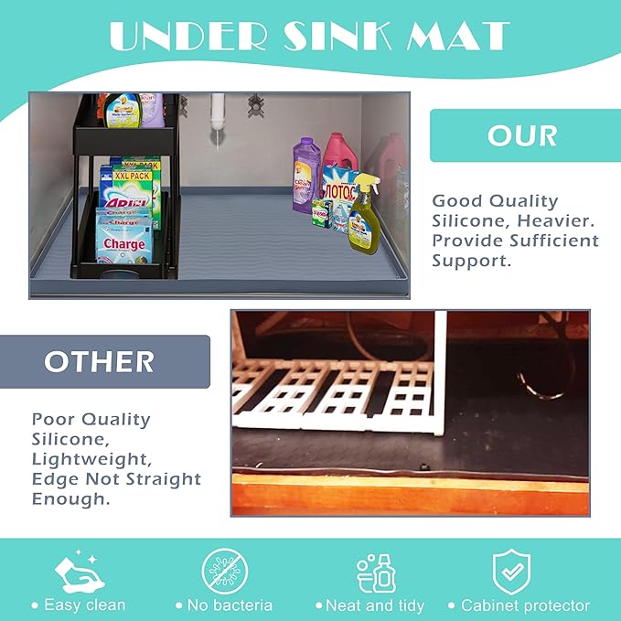 URMONA Waterproof Silicone Under Sink Mat 34'' x 22'' Shelf Liner for Kitchen and Bathroom, Cabinet and Counter Protector, Storage and Organizers, Litter Mat, Pet Cat Puppy Essentials(Brown)