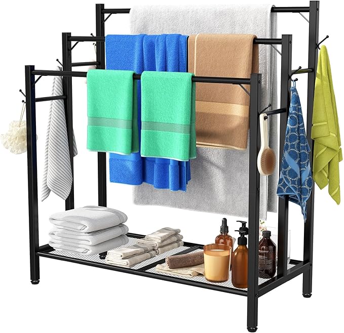 3 Tier Towel Rack with Large Storage & 6 Hooks, Blanket Rack for Oversized Bath Towels, Free Standing Pool Towel Rack Stand for Bathroom Pool Indoor/Outdoor, 35.8" H x 31.5" L x 11.8" W