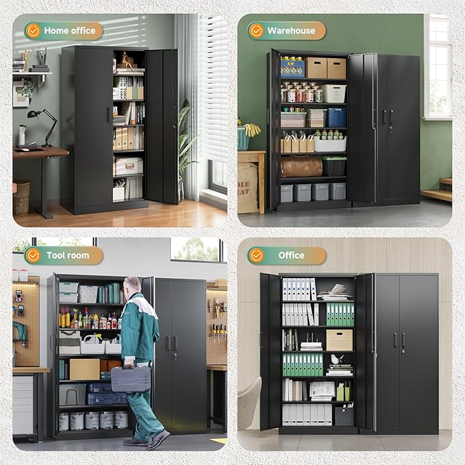 Letaya Metal Garage Storage Cabinets with Lock-72 Tall Tool Organizer Steel Lockers, 5 Adjustable Layers Shelves for Home,Office,Warehouse,Garage,(Black-72“) | with Lock, 72 Tall, Tool Organizer
