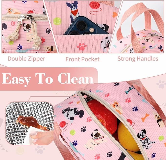 CaCTPUR Lunch Box for Women Girls Teens,Cute Lunch Box Cooler Bag, Portable Insulated Small Lunch Bag Women Reusable Corduroy Lunch Tote for Work/Travel/Picnic/School (Dog Pink,Small)