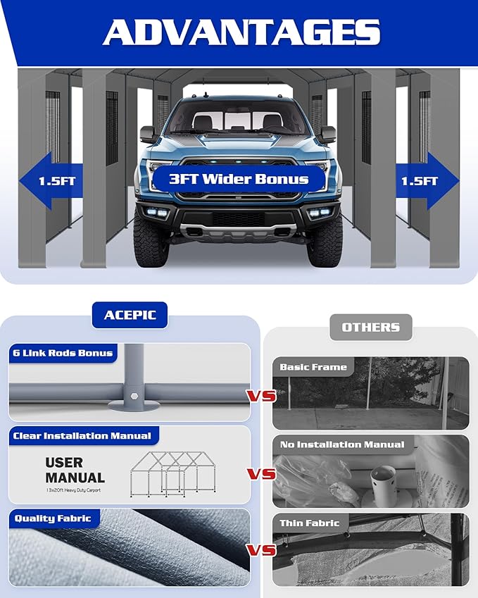 13x20 FT Heavy Duty Carport, Portable Garage Waterproof & UV Protected Car Canopy with Reinforced Steel Frame, Outdoor Shelter for Cars, Trucks, Vans, RVs, Home Party, and Workshops