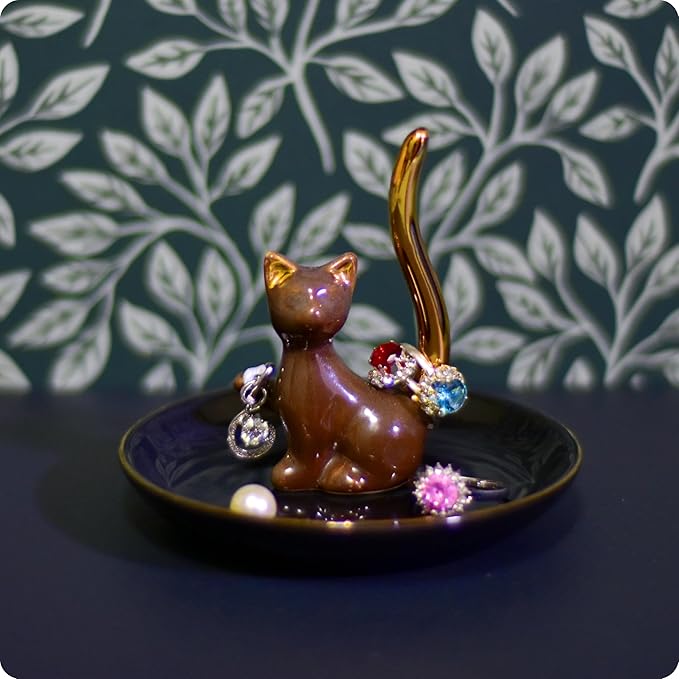 Brown Glazed Plated Gold Ceramic Elegant Engagement Wedding Cat Ring Trinket Dish