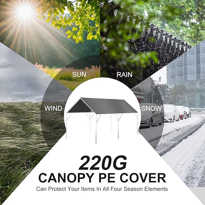 10' x 20' Canopy Replacement Cover for Carport, 220G Heavy Duty Replacement Top Cover for Car Garage, Waterproof & UV Protected Tarp with 48 Ball Bungees (Only Cover, Frame Not Included), Grey