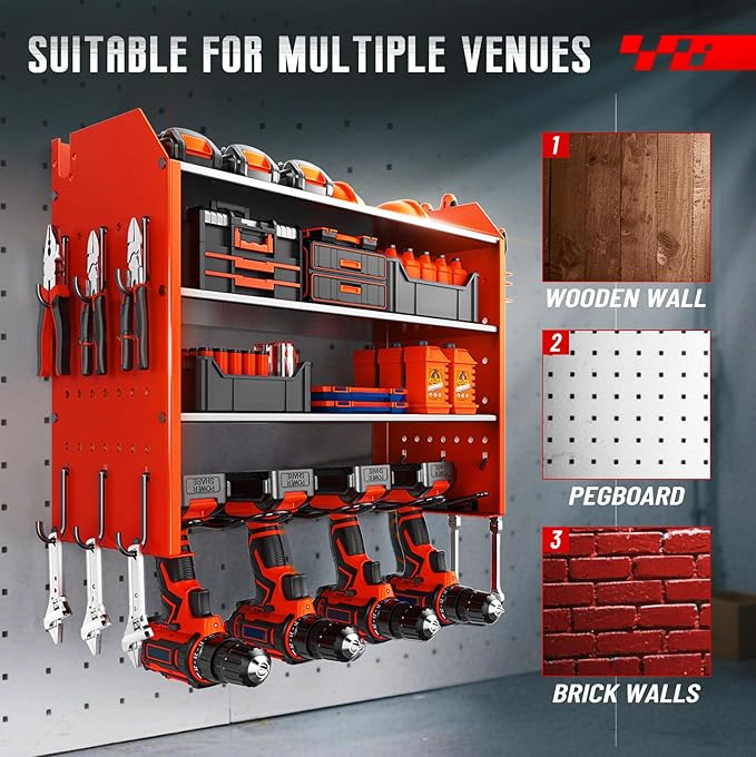 Wall Organizer for Power Tool Storage, Garage Tool Organizer with 4 Holders for Cordless Tools.With Hooks tool Hangers for Garage Wall.Red