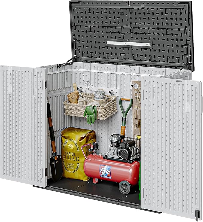 AOXUN Horizontal Storage Sheds 41 Cu.ft, HDPE Outdoor Storage Cabinet, Waterproof Lockable Resin Shed with Spring-Assisted Lid, Patio Storage for Garden, Pool, Cushions, Tools, White