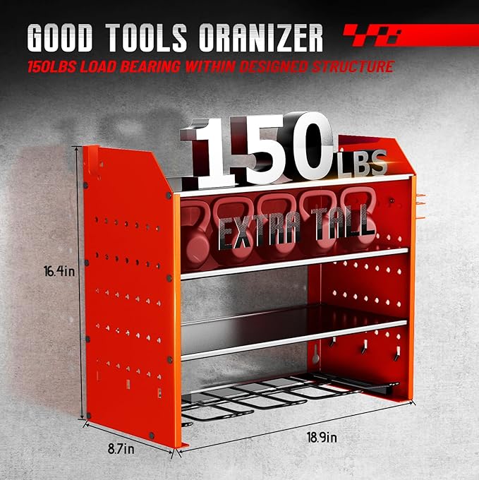 Wall Organizer for Power Tool Storage, Garage Tool Organizer with 4 Holders for Cordless Tools.With Hooks tool Hangers for Garage Wall.Red